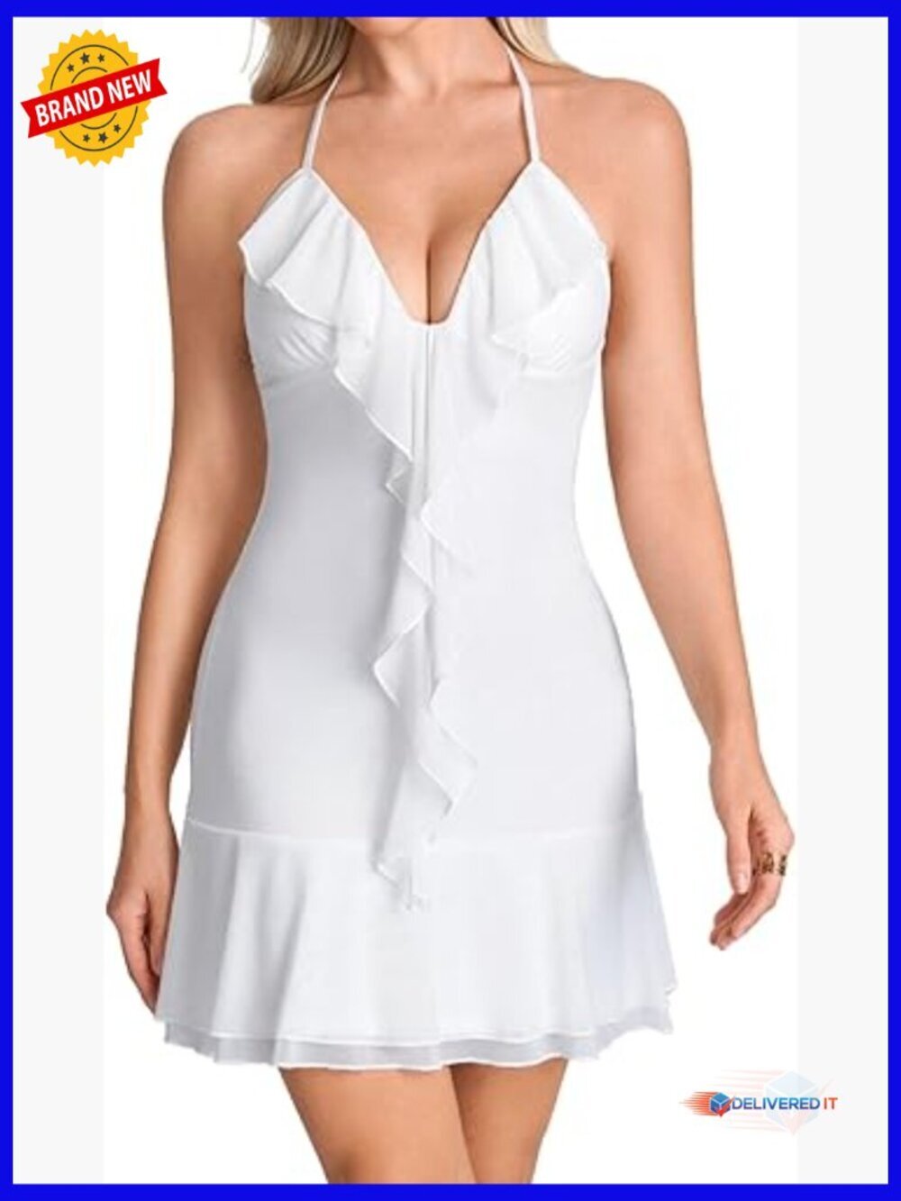 Mesh Backless Halter Mini Dress with Ruffles, A-Line Party Dress